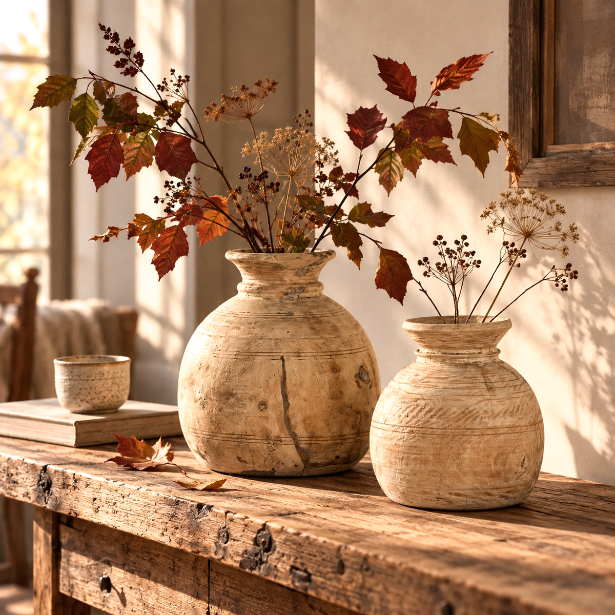 Originale trækrukker med naturlig patina og efterårsgrene