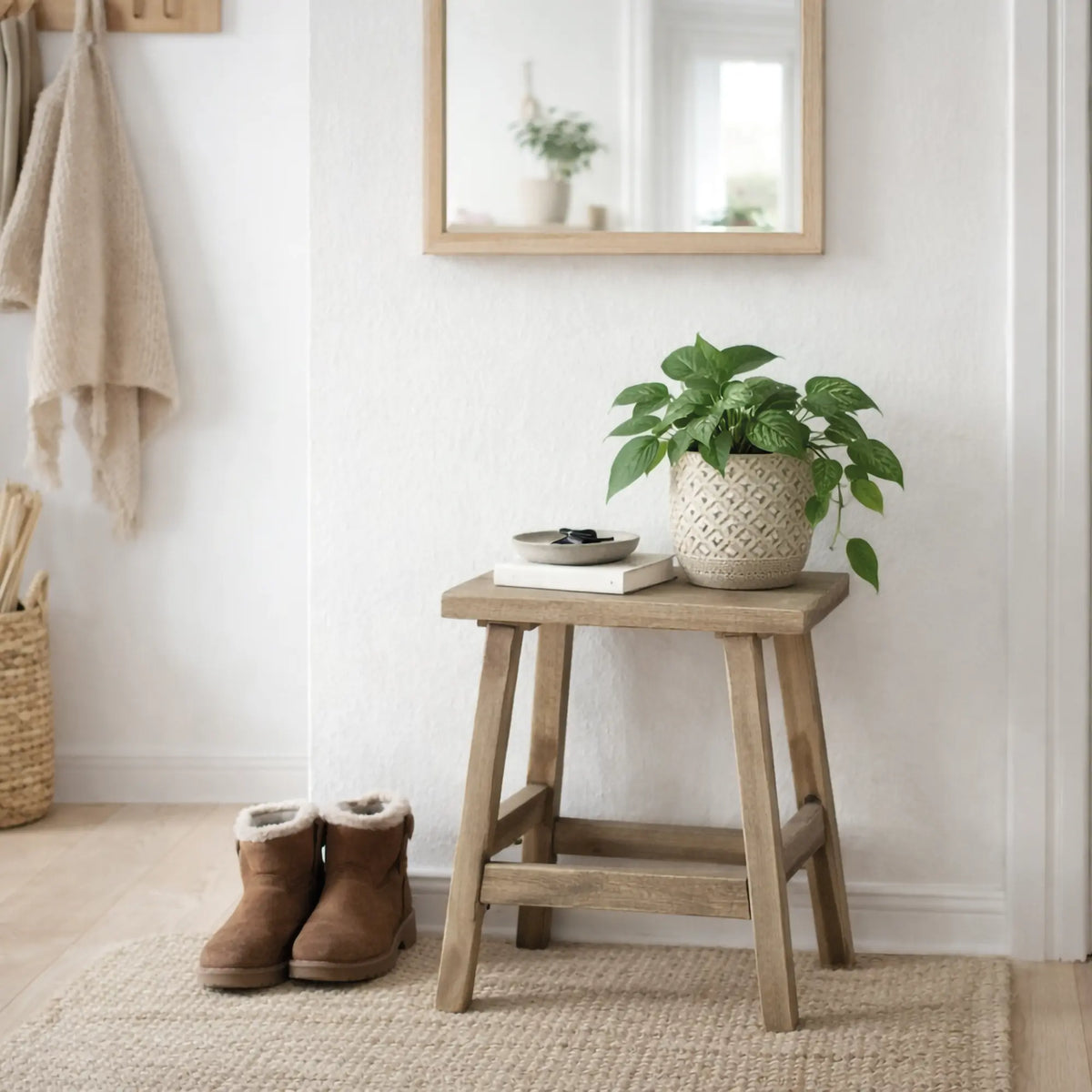 Skammel i genbrugstræ med slankt design, naturlig patina og Nordic Drift-finish