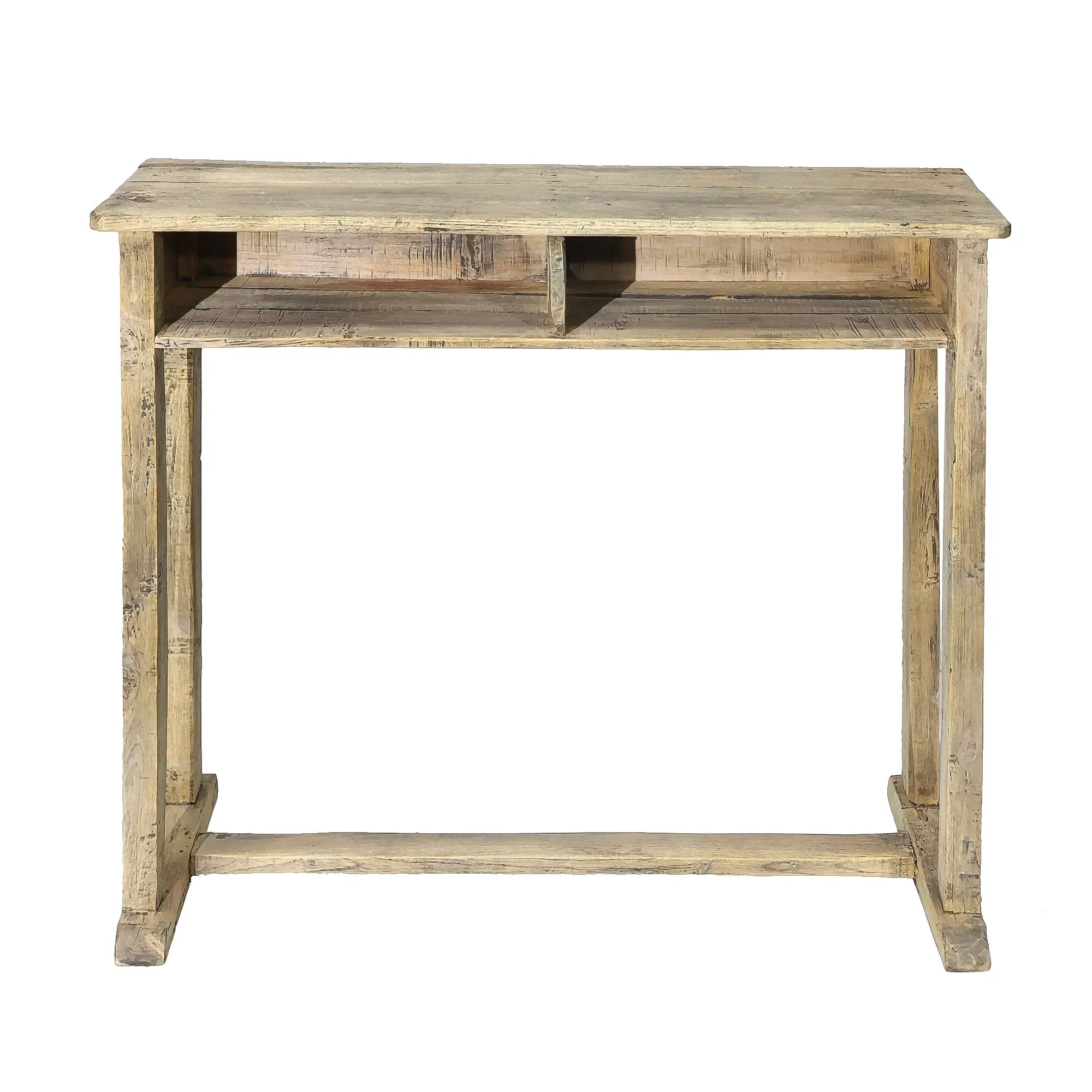 Originalt konsolbord i træ med hylde | Tidligere skolebord med naturlig patina