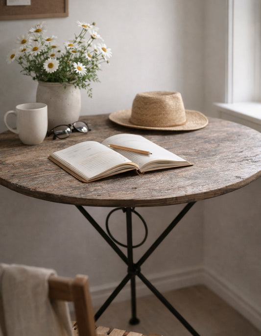 RECYCLED: ROUND TABLE MADE FROM RECYCLED WOOD, NORDIC RUSTIC