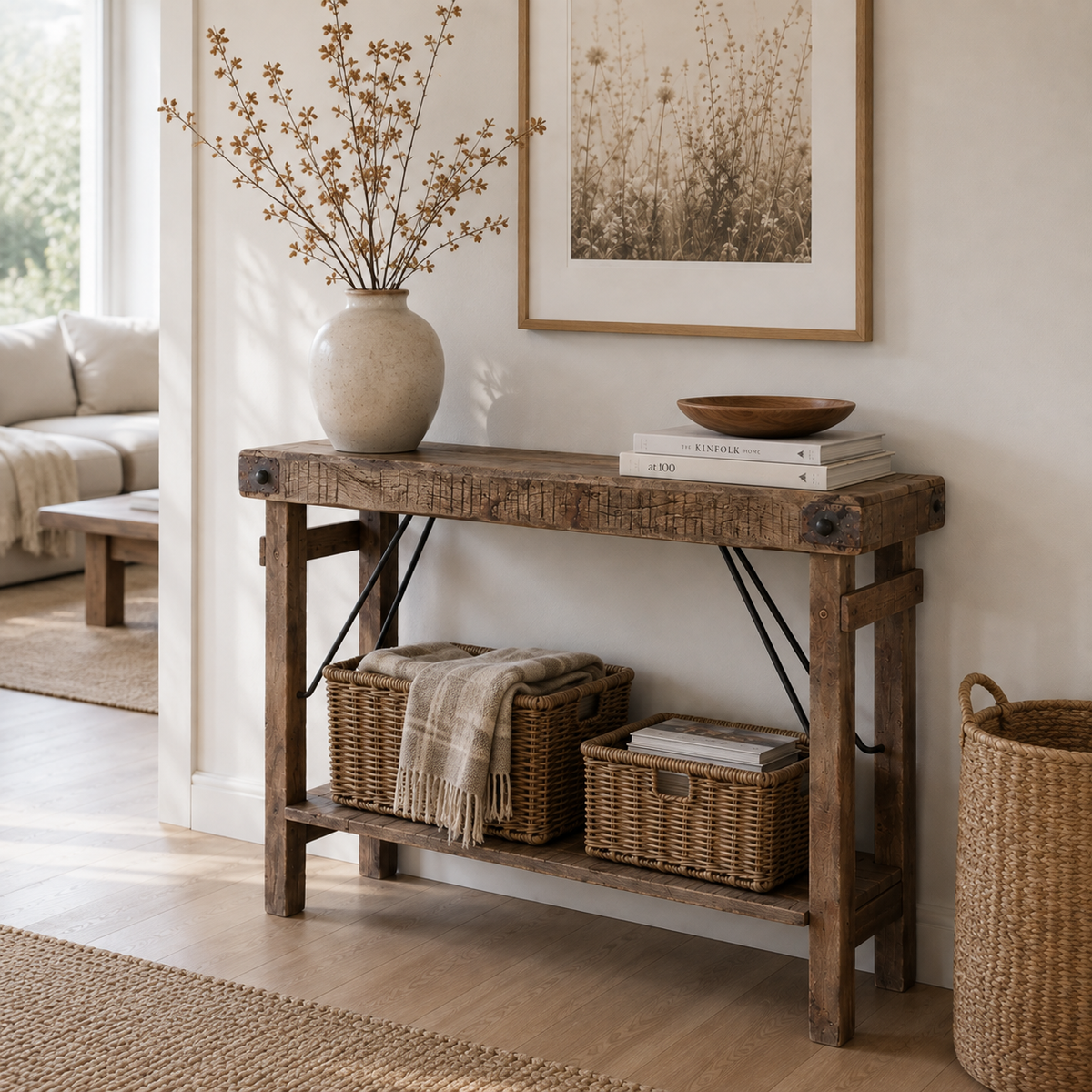 RECYCLED: Rustic Console Table with Shelf in Reclaimed Wood