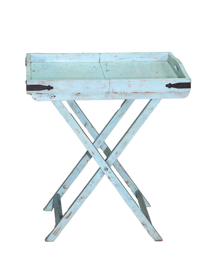 Recycled sidebord i genbrugstræ – foldbart havebord i blå med patina