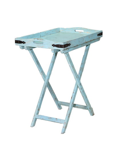 Recycled sidebord i genbrugstræ – foldbart havebord i blå med patina