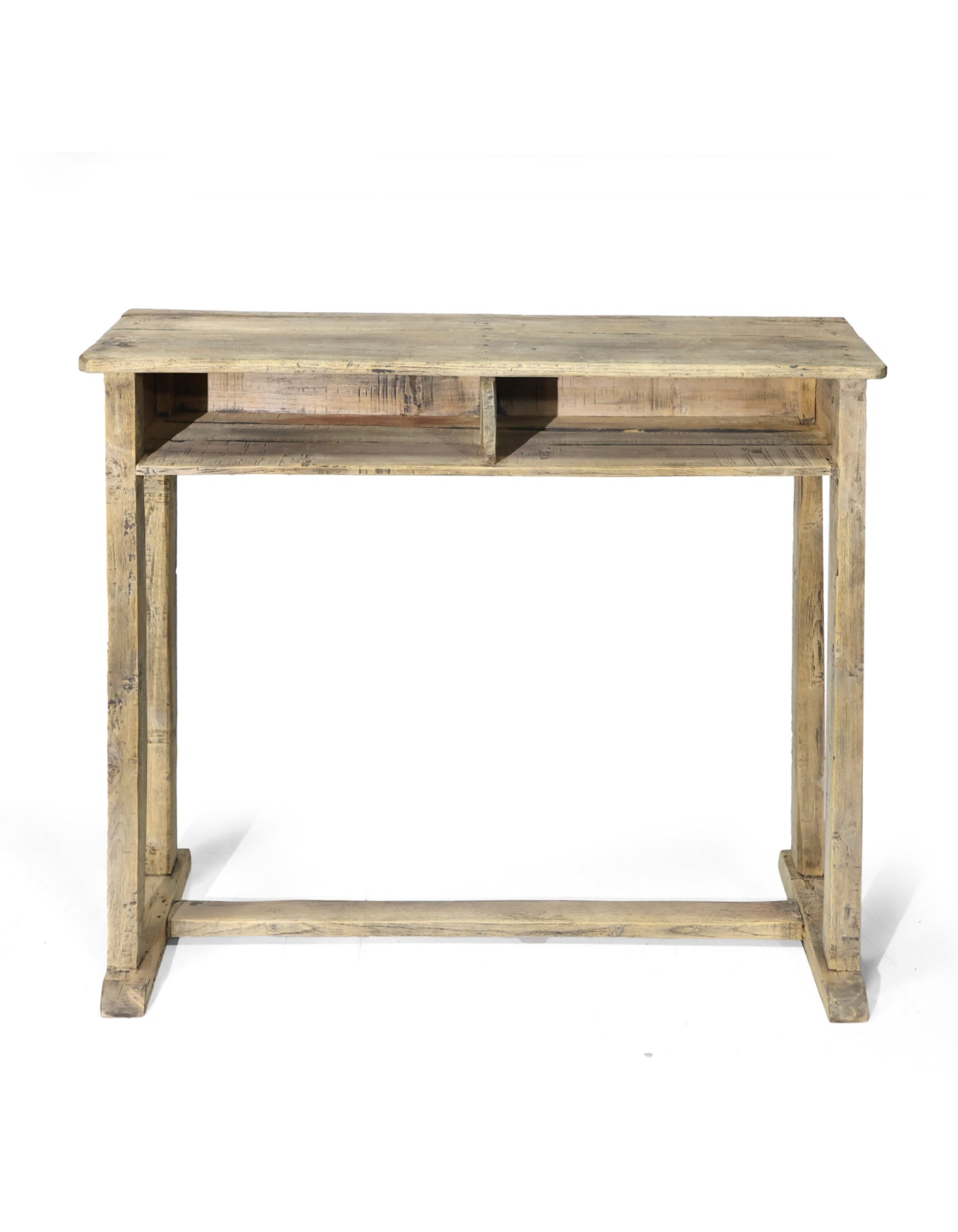 Originalt vintage konsolbord i træ med hylde – tidligere skolebord med patina