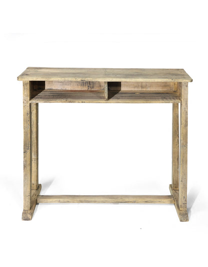 Originalt vintage konsolbord i træ med hylde – tidligere skolebord med patina