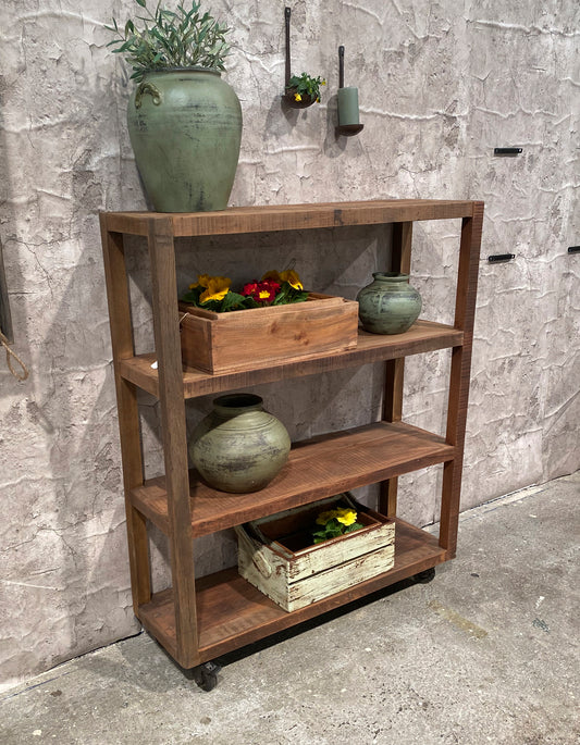 RECYCLED: SHELF ON WHEELS MADE FROM RECYCLED WOOD