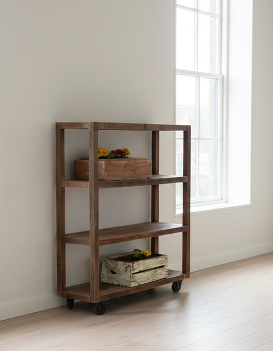 RECYCLED: SHELF ON WHEELS MADE FROM RECYCLED WOOD