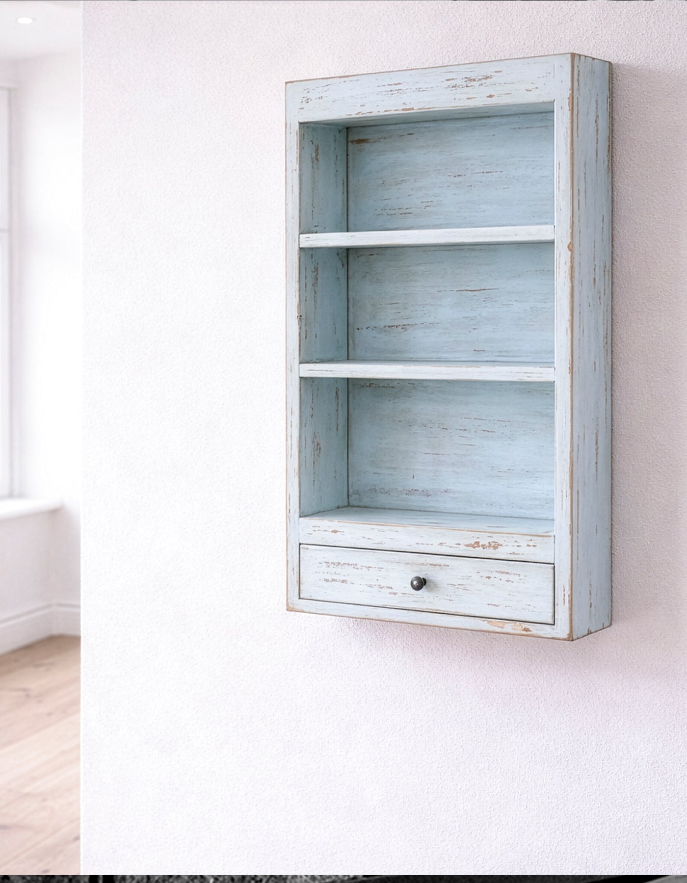 RECYCLED: Wall Rack with Drawer in Recycled Wood, Blue