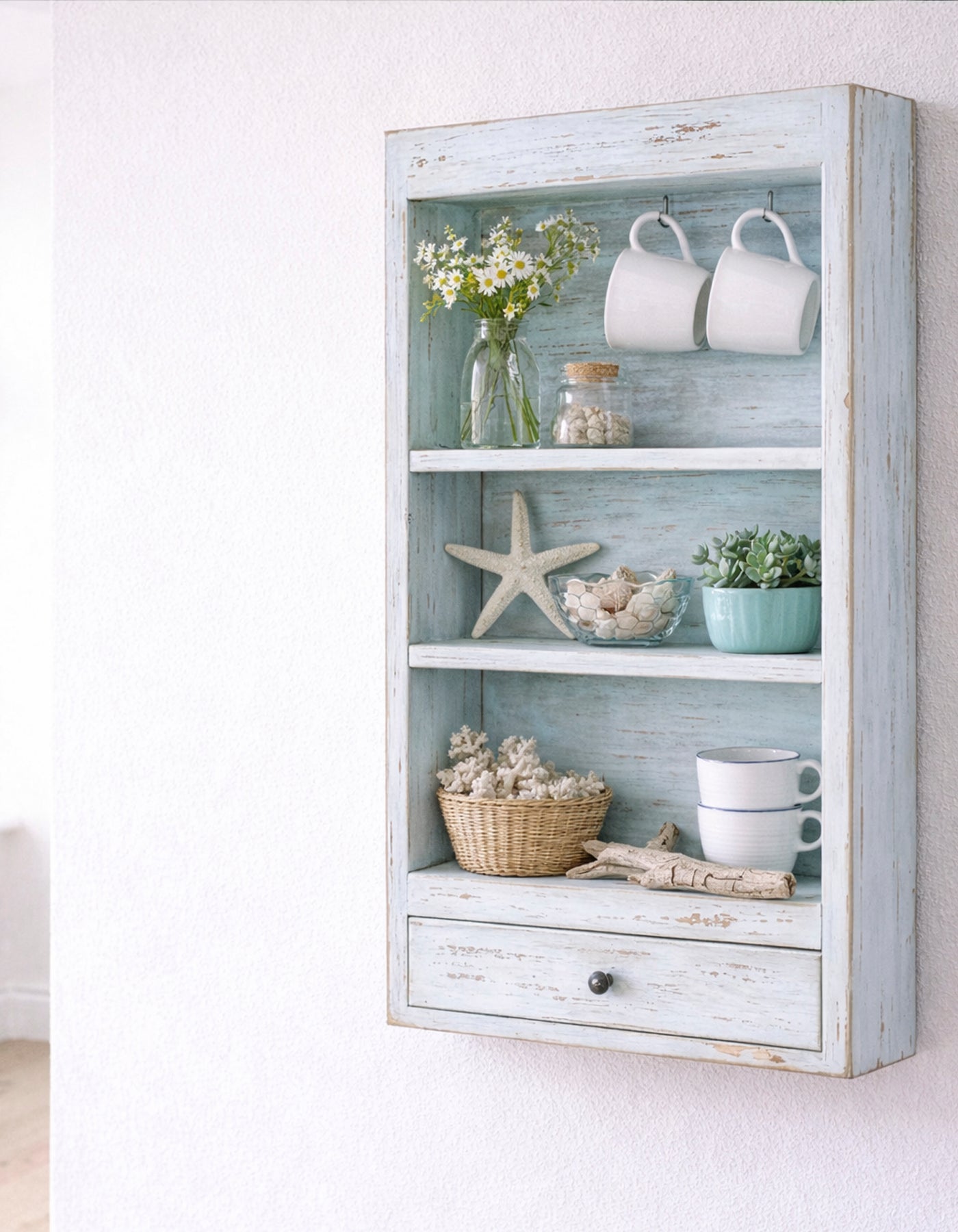 RECYCLED: Wall Rack with Drawer in Recycled Wood, Blue