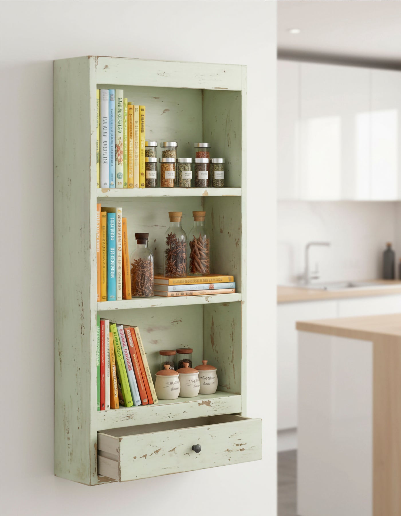 RECYCLED: Wall Rack with Drawer in Recycled Wood, Green 