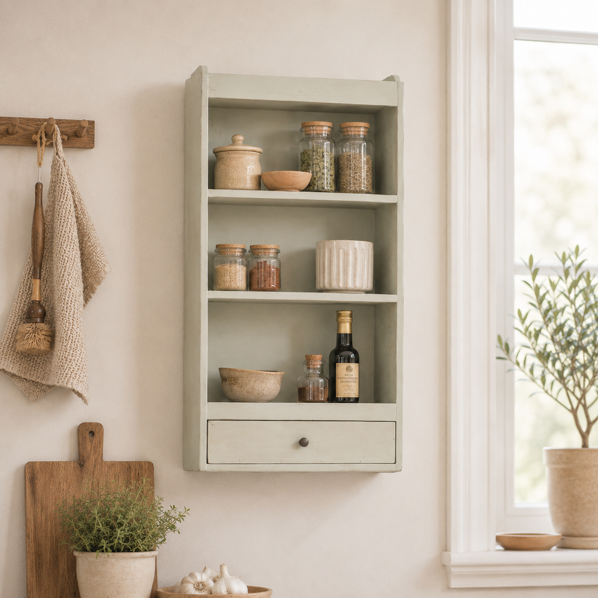 Vægreol i genbrugstræ med skuffe | Støvet grøn vintage finish | Recycled Collection
