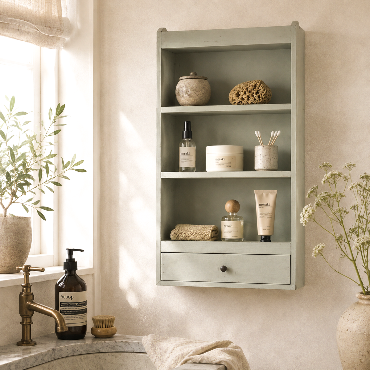 Vægreol i genbrugstræ med skuffe | Støvet grøn vintage finish | Recycled Collection