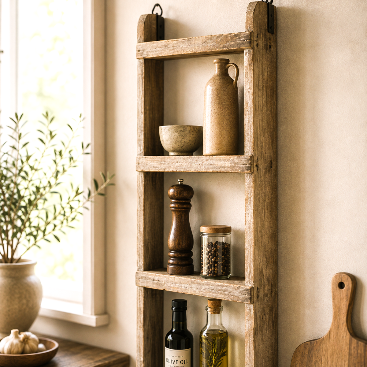 Original vægreol i træ med naturlig patina | Håndplukket vintage væghylde