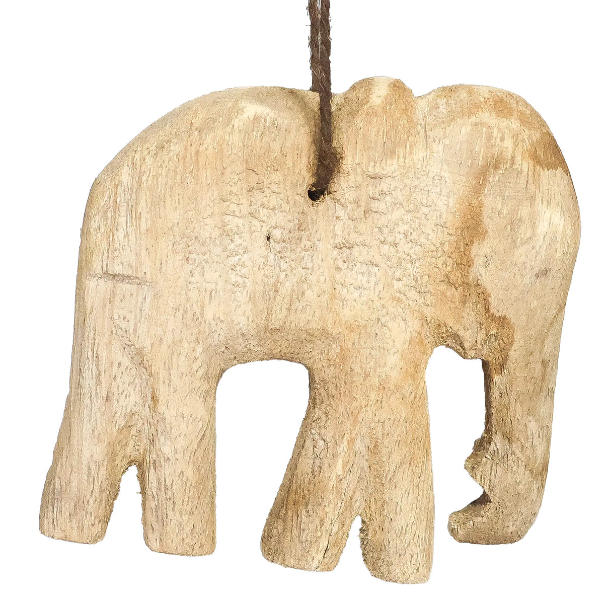 Håndskåret elefant i træ med jutesnor | Dekorativt ophæng med historie