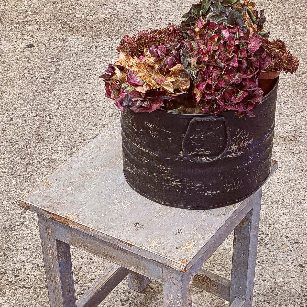Jernspand, vintage sort. Spanden har et industrielt look. Jernspand til planter, magasiner eller strikketøj.