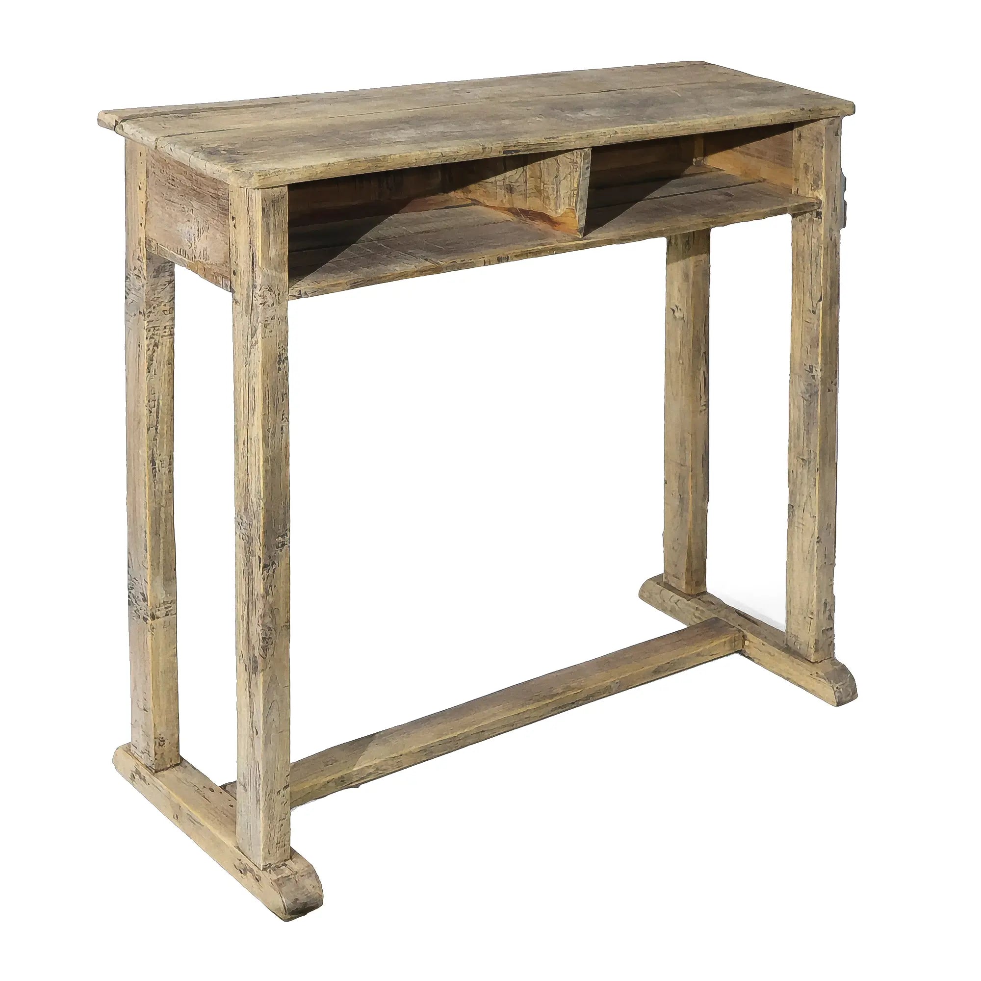 Originalt konsolbord i træ med hylde | Tidligere skolebord med naturlig patina