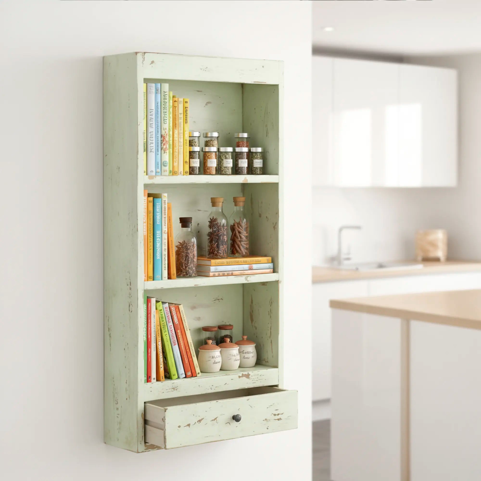 Vægreol i genbrugstræ med skuffe | Grøn vintage finish | Recycled Collection