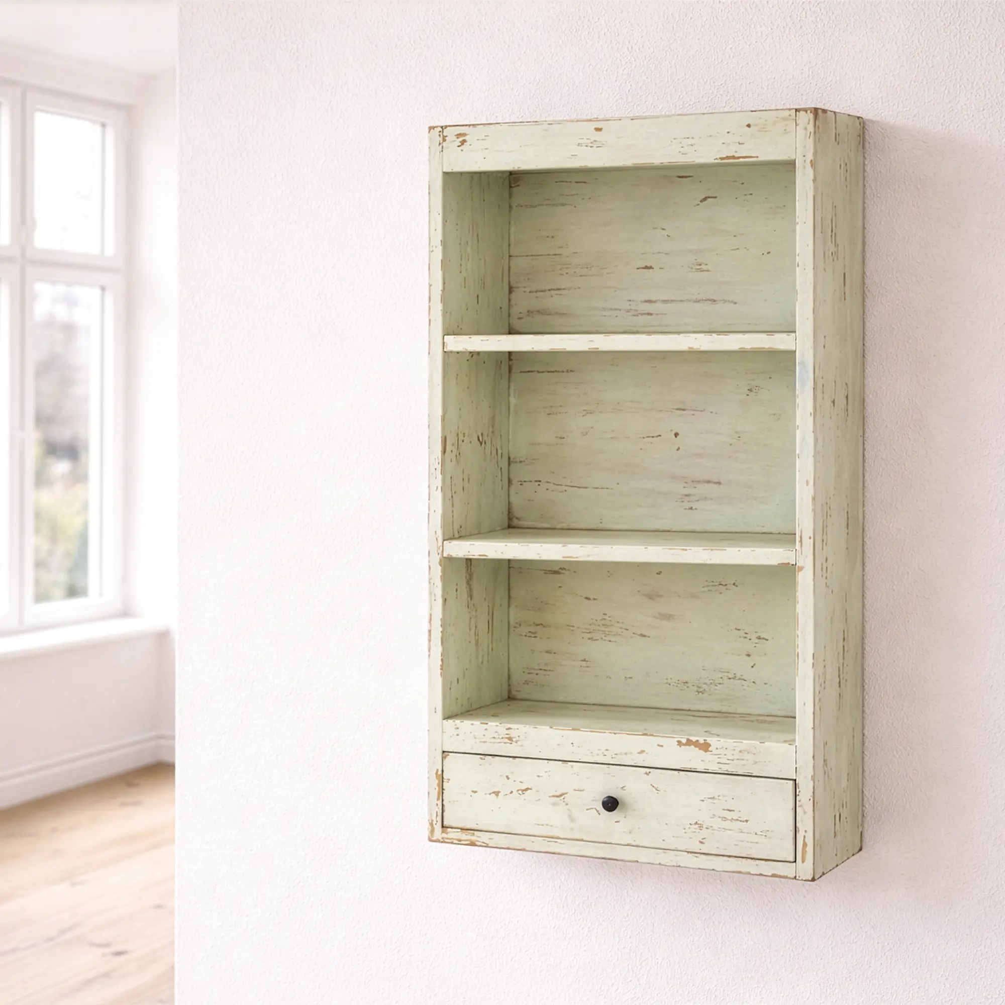 RECYCLED: Wall Rack with Drawer in Recycled Wood, Green 